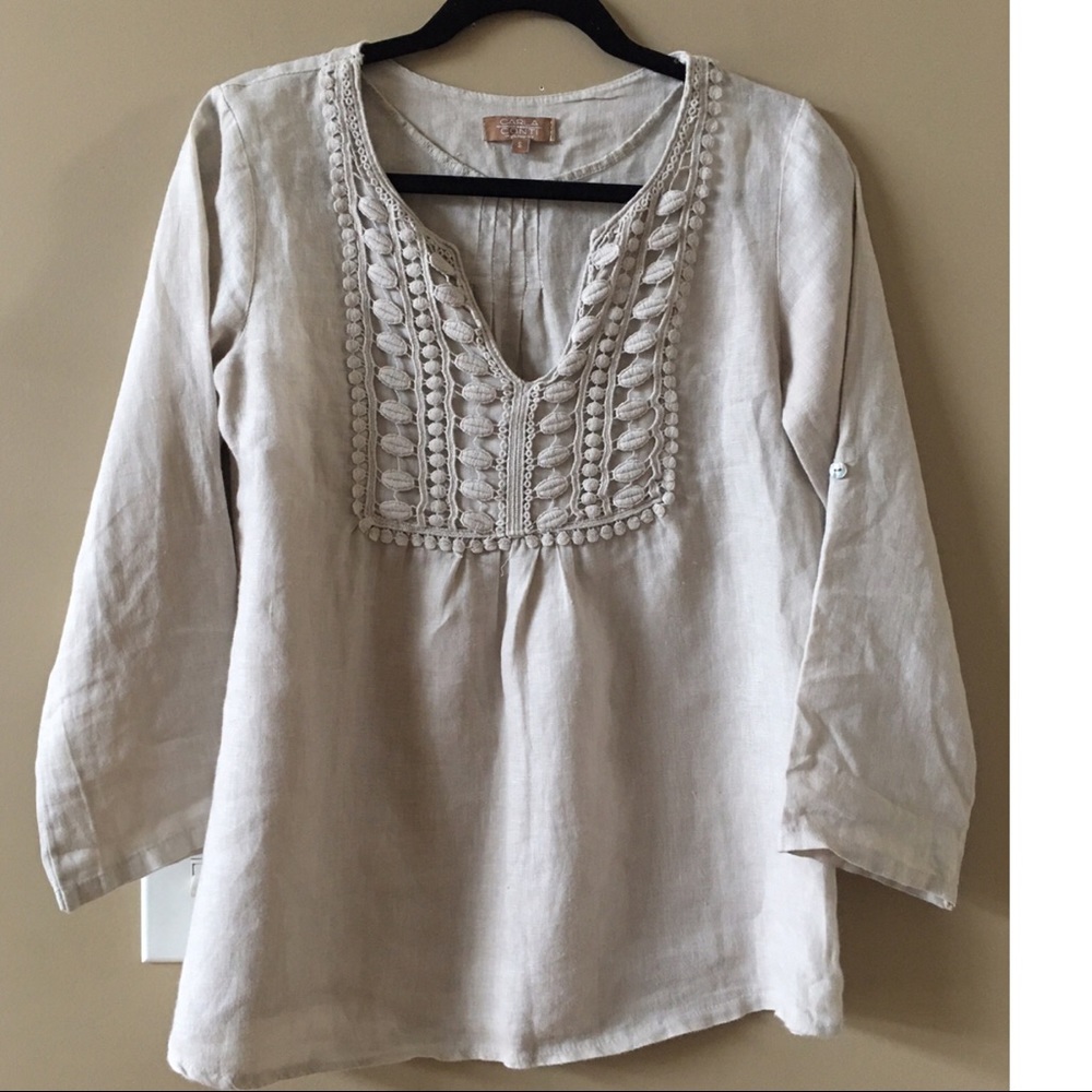 Carla Conti Linen Top w/ Embroidered Detail, EUC